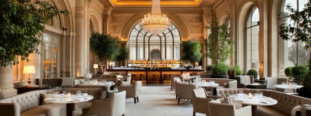 Elegant restaurant interior featuring stylish furnishings, lush greenery, and a sparkling chandelier illuminating the space