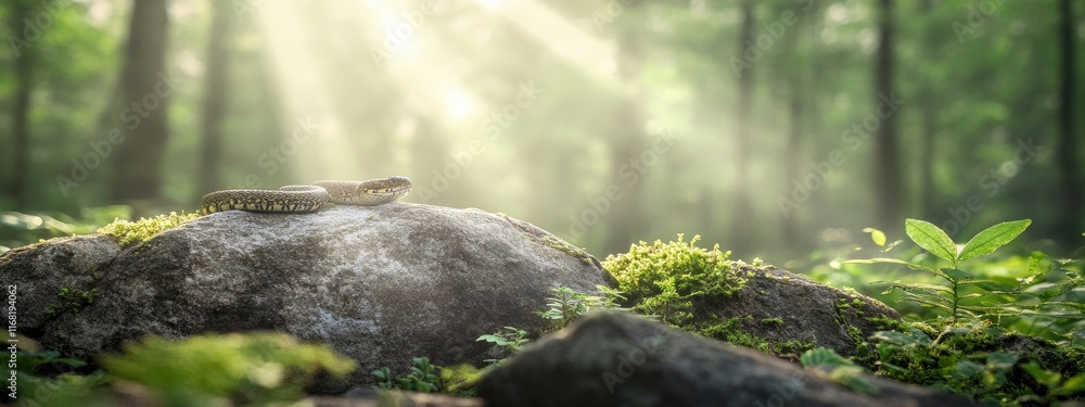 Poster a tranquil forest scene featuring a snake resting on a rock amidst soft sunlight filtering through t