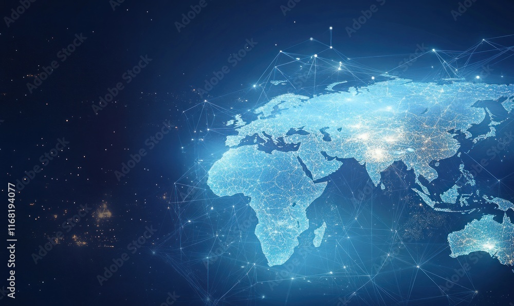 Poster digital global network map in soft blue tones representing international connectivity and technology