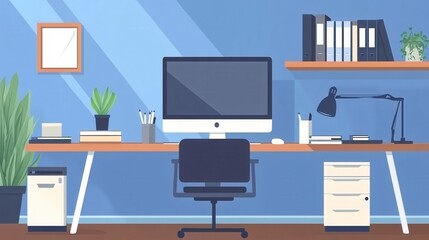 Fototapeta premium Modern Office Workspace with Computer and Stylish Decor for Creative Workflow