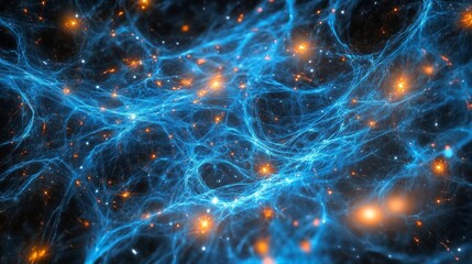 Naklejka premium A vibrant depiction of the expanding universe with cosmic filaments and glowing clusters.