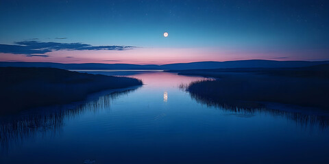 Serene moonlit lake at twilight, reflecting tranquil sky and shoreline.