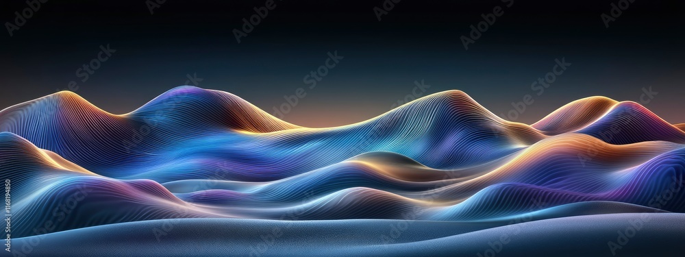 Poster abstract waves of colorful light forming a surreal landscape with flowing curves and intricate line 