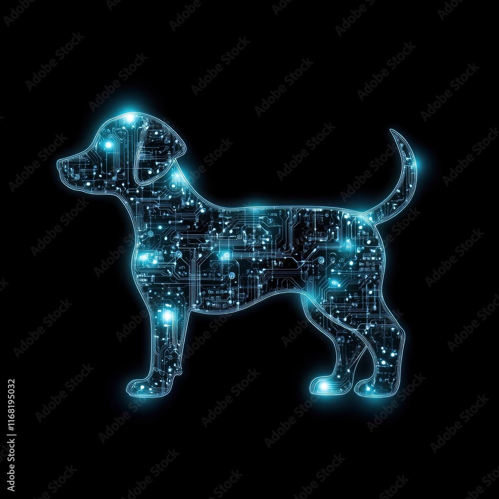 Poster a futuristic representation of a dog silhouette filled with intricate glowing circuit patterns on a 