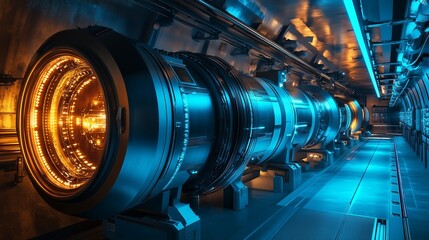 An advanced particle accelerator in a dimly lit room, glowing control panels around it.