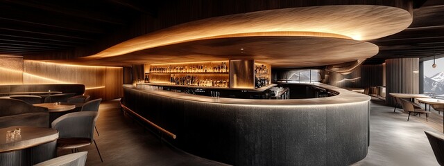 Stylish, modern bar interior with elegant curved design and atmospheric lighting in a cozy mountain setting