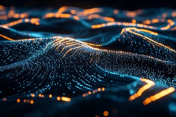 Abstract glowing particle wave background.