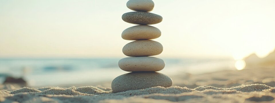 Balanced stone tower rests peacefully on a sandy beach during a serene sunset, symbolizing tranquility and harmony in nature.