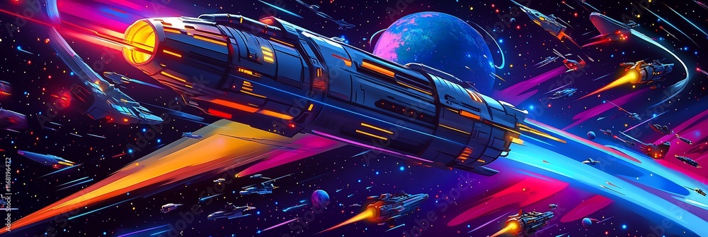 Poster futuristic spaceship soaring through vibrant nebula, near a planet with many other spaceships.