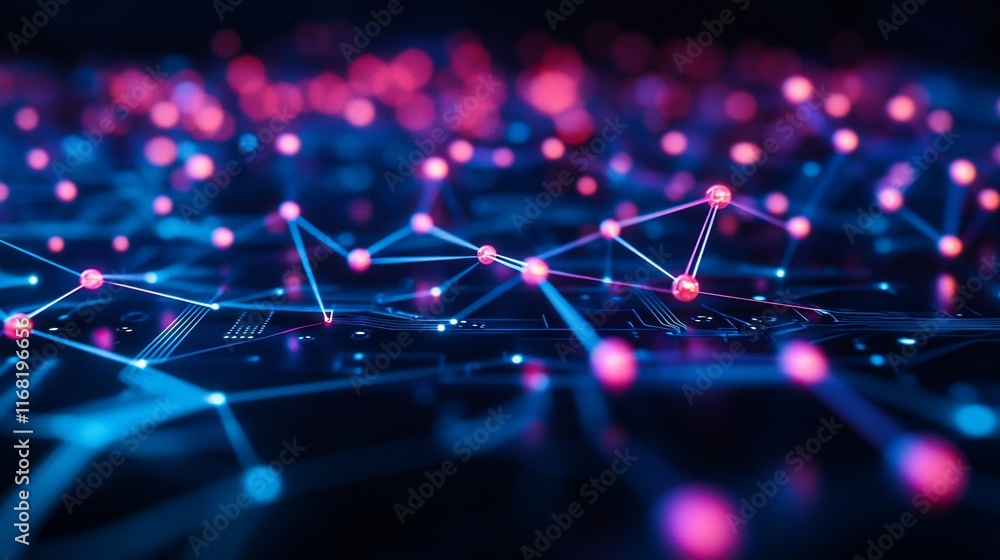 Poster abstract network connection, glowing nodes and lines on dark background.