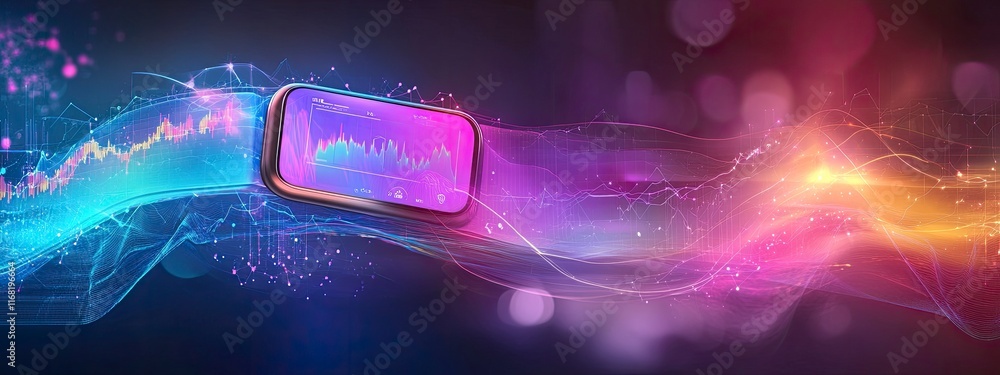 Aufkleber a vividly colorful smartphone displaying financial market analysis surrounded by dynamic light trail