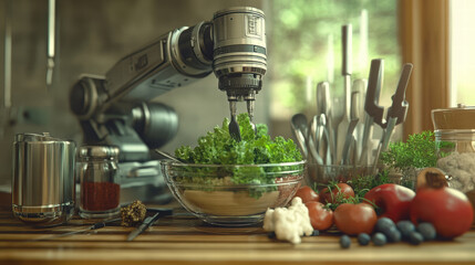 robotic arm skillfully assembles fresh ingredients, including lettuce, tomatoes, and herbs, in modern kitchen setting, showcasing advanced culinary technology