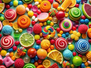 Fototapeta premium Aerial View of Colorful Candy, Sweet Treats, Gummy Bears, Drone Shot, Sugar Rush