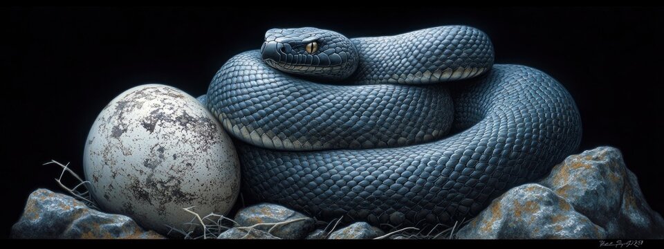 A mesmerizing serpent curled around a large, speckled egg, nestled among rocky terrain against a dark background