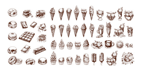 Vintage sketch of hand-drawn sweets, desserts, donuts, and ice cream © Mariia Mazaeva