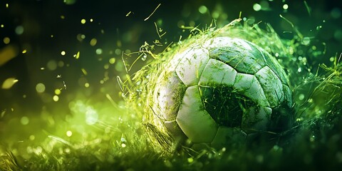 Soccer ball covered in lush green grass with particles.