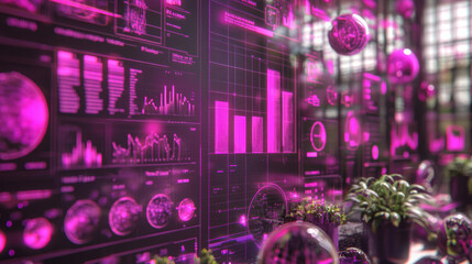 Smart farming dashboard with abstract tech elements, featuring vibrant pink visuals, data graphs, and plant displays, showcasing modern agricultural technology