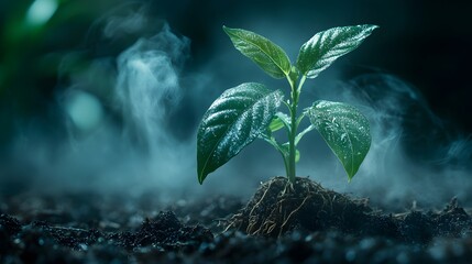 Fresh Green Seedling Growing in Dark Soil with Mist