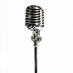 Fototapeta premium Classic Retro Microphone on Stand Captured Against a Minimalist White Background for Creative Projects