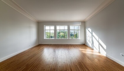 Obraz premium stock photo features an empty room with white walls, hardwood floors, and large windows
