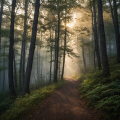 Obraz premium Leonardo_Kino_XL_Misty_Morning_Walk_A_foggy_forest_path_with_g
