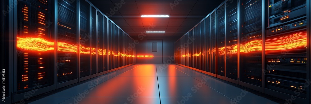 Aufkleber illuminated server room corridor with glowing data streams.