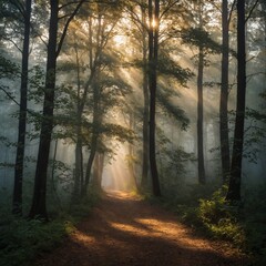 Obraz premium Leonardo_Kino_XL_Misty_Morning_Walk_A_foggy_forest_path_with_g