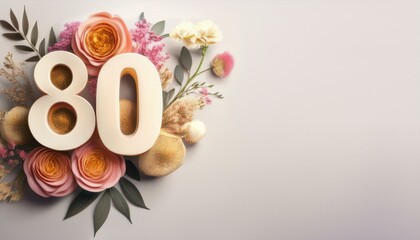 Number 80 with flowers on light backdrop, copy space. Generated image