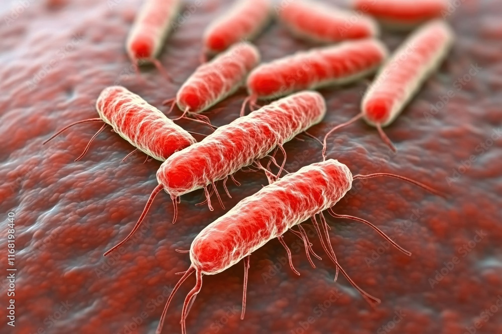 Aufkleber close-up view of red bacteria on a textured surface in a microbial environment