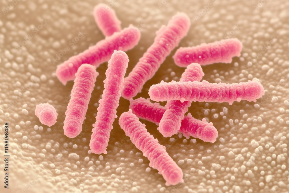 Aufkleber close-up image of colorful pink bacteria on a textured surface in laboratory setting
