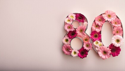 Number 80 with flowers on light backdrop, copy space. Generated image