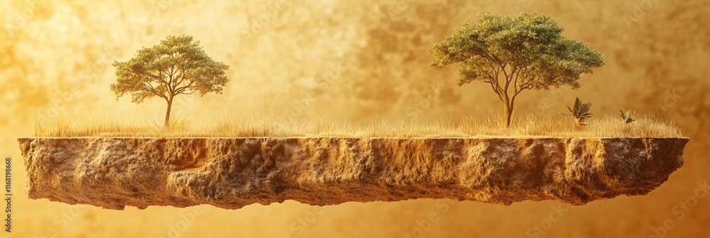 Poster floating island with two trees and grass.