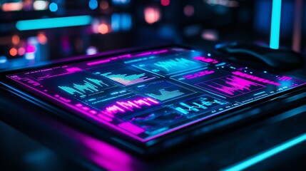Obraz premium Futuristic tablet displaying vibrant data graphs and charts in a dark setting.