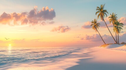 Serene Sunset Beach Scene Palm Trees Ocean and Golden Sky