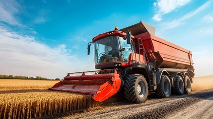 Obraz premium Red Combine Harvester Harvesting Wheat Field