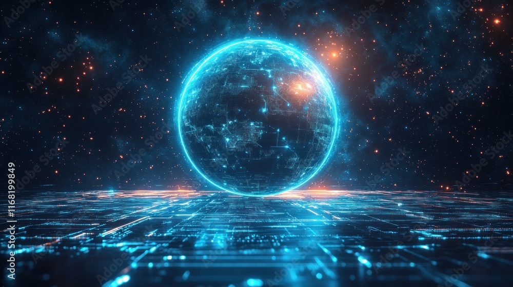 Poster futuristic smartphone globe communication network with wireless satellite technology and holographic