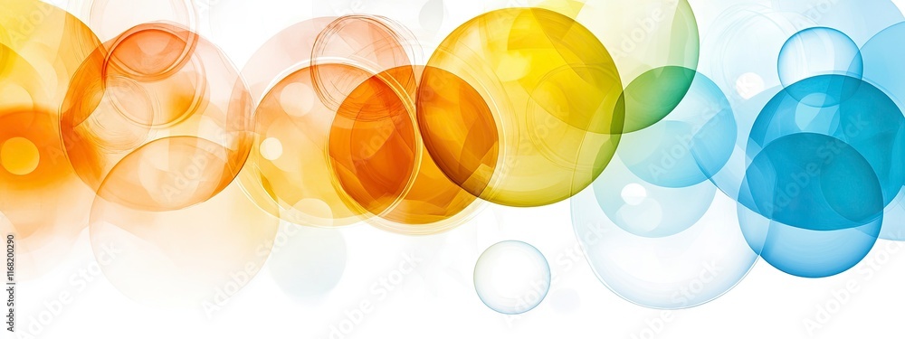 Poster abstract design featuring a vibrant blend of colorful circles and translucent bubbles on a white bac