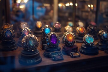 Colorful gemstone rings displayed on stands in a shop.