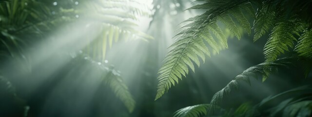 Obraz premium Sunlight filtering through lush ferns in a vibrant forest, creating an enchanting and serene atmosphere with misty rays