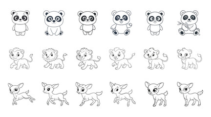 Cute cartoon baby panda lion and deer animals vector outline bundle set on white background