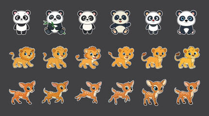 Cute cartoon baby panda lion and deer animals vector sticker bundle set