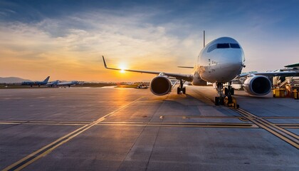 Obraz premium At break of a glorious sunrise, a panoramic view of airport reveals a bustling scene