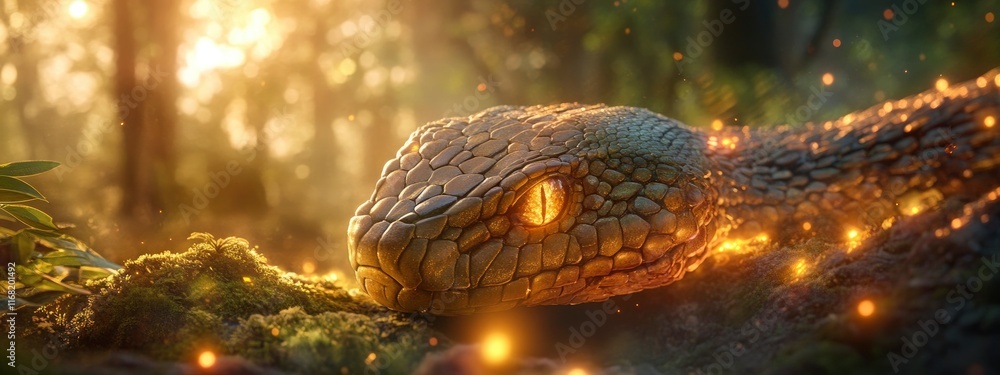 Poster a mesmerizing close-up view of a snake gliding through a lush forest, illuminated by soft golden lig