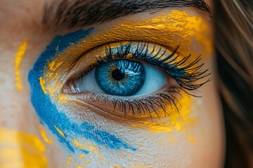 A striking close-up of a blue eye adorned with vibrant blue and yellow artistic makeup, showcasing...