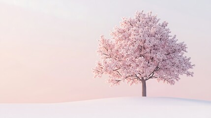 Naklejka premium Serene Pink Cherry Blossom Tree in Snowy Landscape Pastel Spring Scene