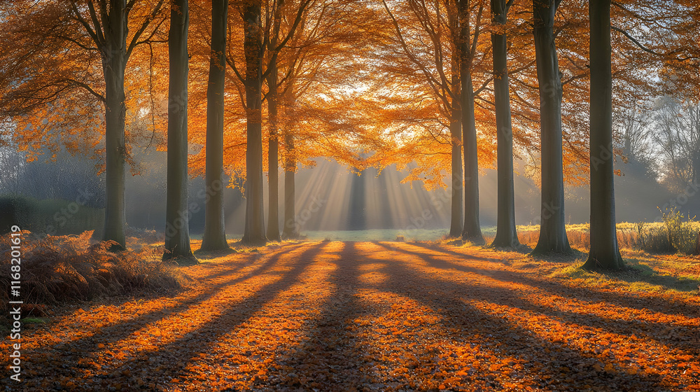 Poster sunbeams illuminating autumnal trees and path.