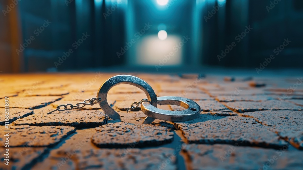 Poster broken handcuffs lying on the ground, with the chain snapped and one cuff open