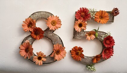 Number 85 with flowers on light backdrop, copy space. Generated image