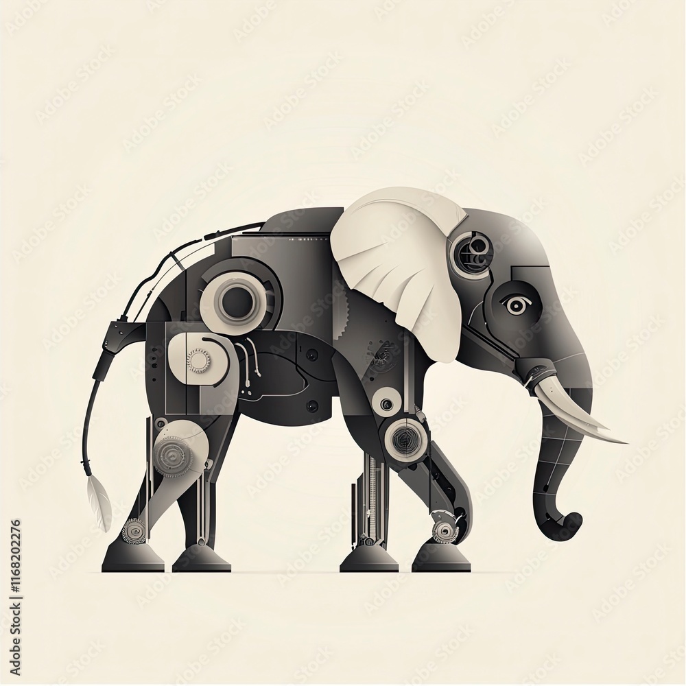 Poster a stunning abstract representation of an elephant made entirely from mechanical parts and gears in a