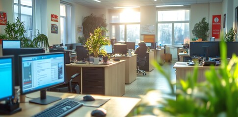 Sunlit Office Workspace: A Serene and Productive Modern Interior